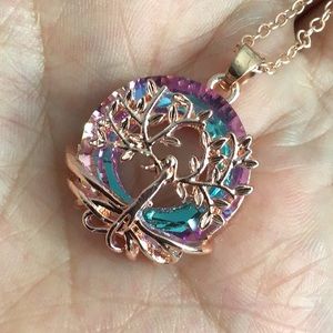 NEW. Rose Gold Watermelon Glass Gem Tree of Life  pendant Necklace. 18”